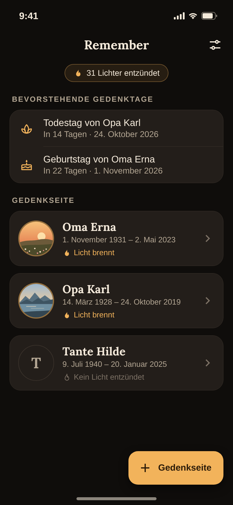 Startseite mit Gedenkseiten, Lichter-Zähler und bevorstehenden Gedenktagen