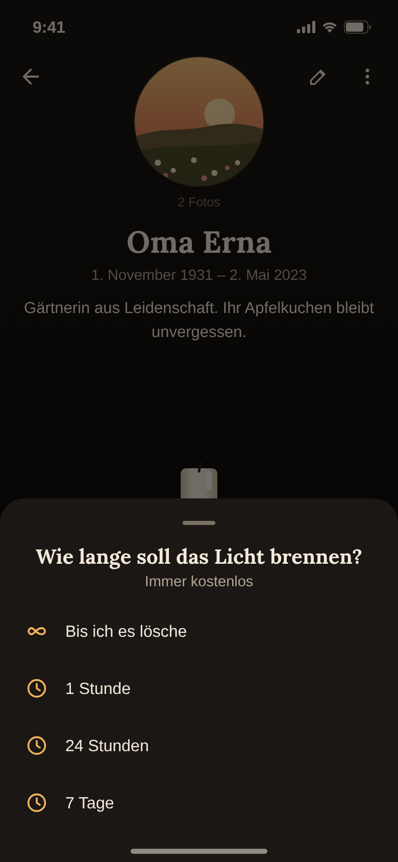 Auswahl der Brenndauer: bis ich es lösche, 1 Stunde, 24 Stunden oder 7 Tage